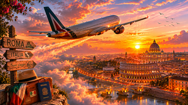 Aereo diretto verso Roma durante il tramonto
